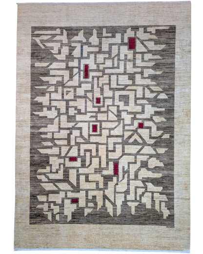 Tappeto moderno "Strada di Venezia" di Darios, 360x257 cm, annodato a mano in Persia, disegno ispirato ai bacari veneziani, cotone e lana vegetale, certificato di autenticità incluso.