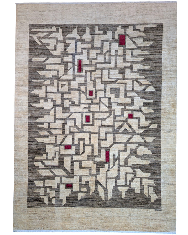 Tappeto moderno "Strada di Venezia" di Darios, 360x257 cm, annodato a mano in Persia, disegno ispirato ai bacari veneziani, cotone e lana vegetale, certificato di autenticità incluso.