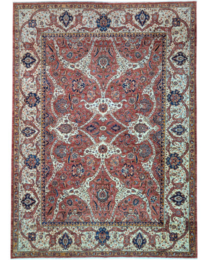 Tappeto Heriz marrone bruciato con cornice beige e motivi decorativi, annodato a mano in Persia con lana e cotone tinti con colori vegetali.