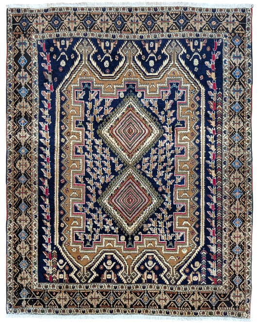 Tappeto Afshar "Castello Antico" in rosa antico e blu con motivi geometrici, annodato a mano in Persia con lana e cotone tinti con colori vegetali.