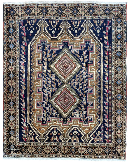 Tappeto Afshar "Castello Antico" in rosa antico e blu con motivi geometrici, annodato a mano in Persia con lana e cotone tinti con colori vegetali.