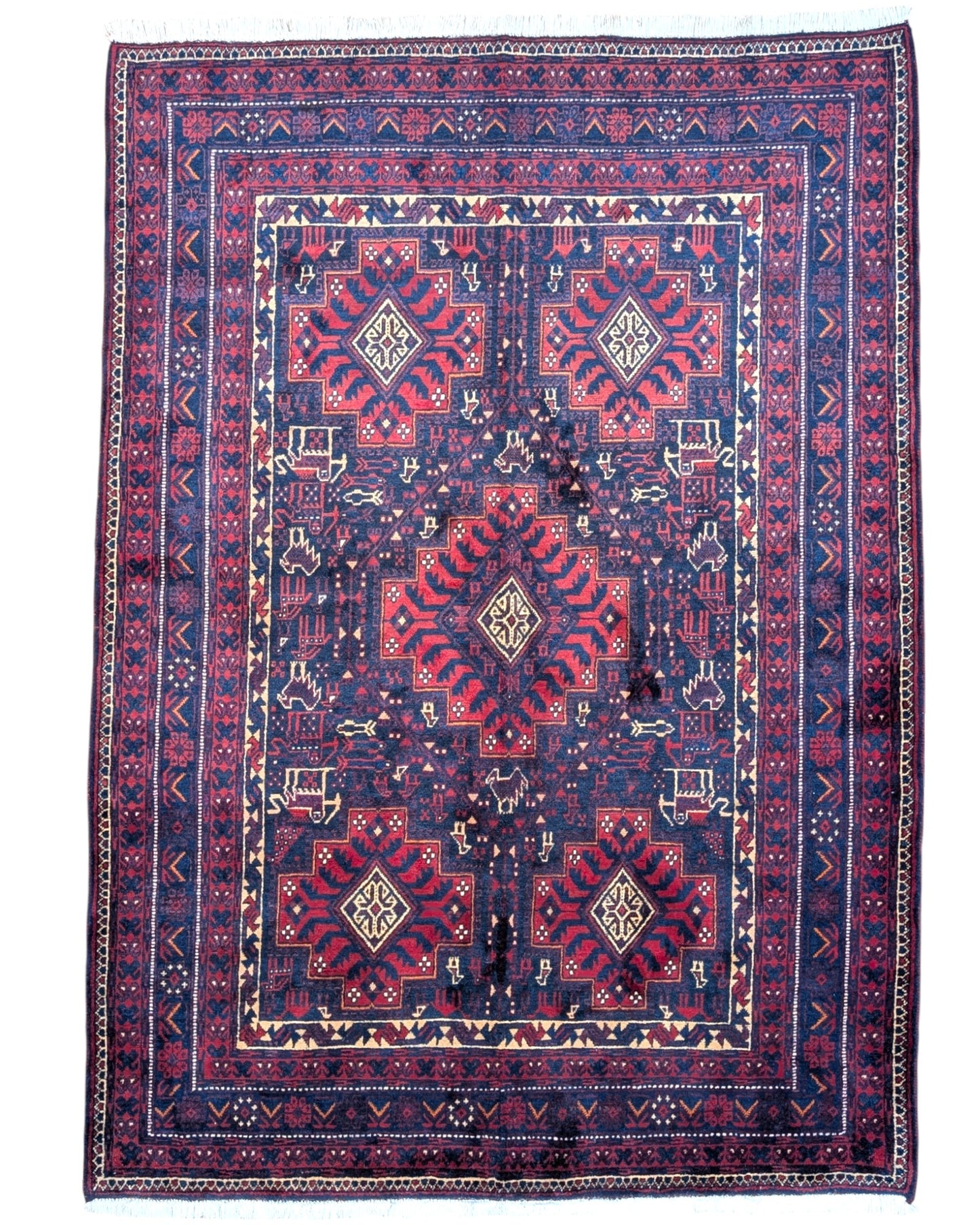 Tappeto Lorestan nero con simboli e motivi della mitologia persiana, annodato a mano in lana con colori vegetali.