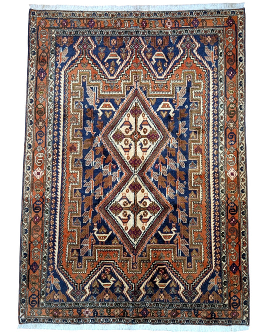 Tappeto Afshar annodato a mano 208 x 150 cm, fondo rosso mattone con disegno geometrico "Castello Antico", artigianato persiano.