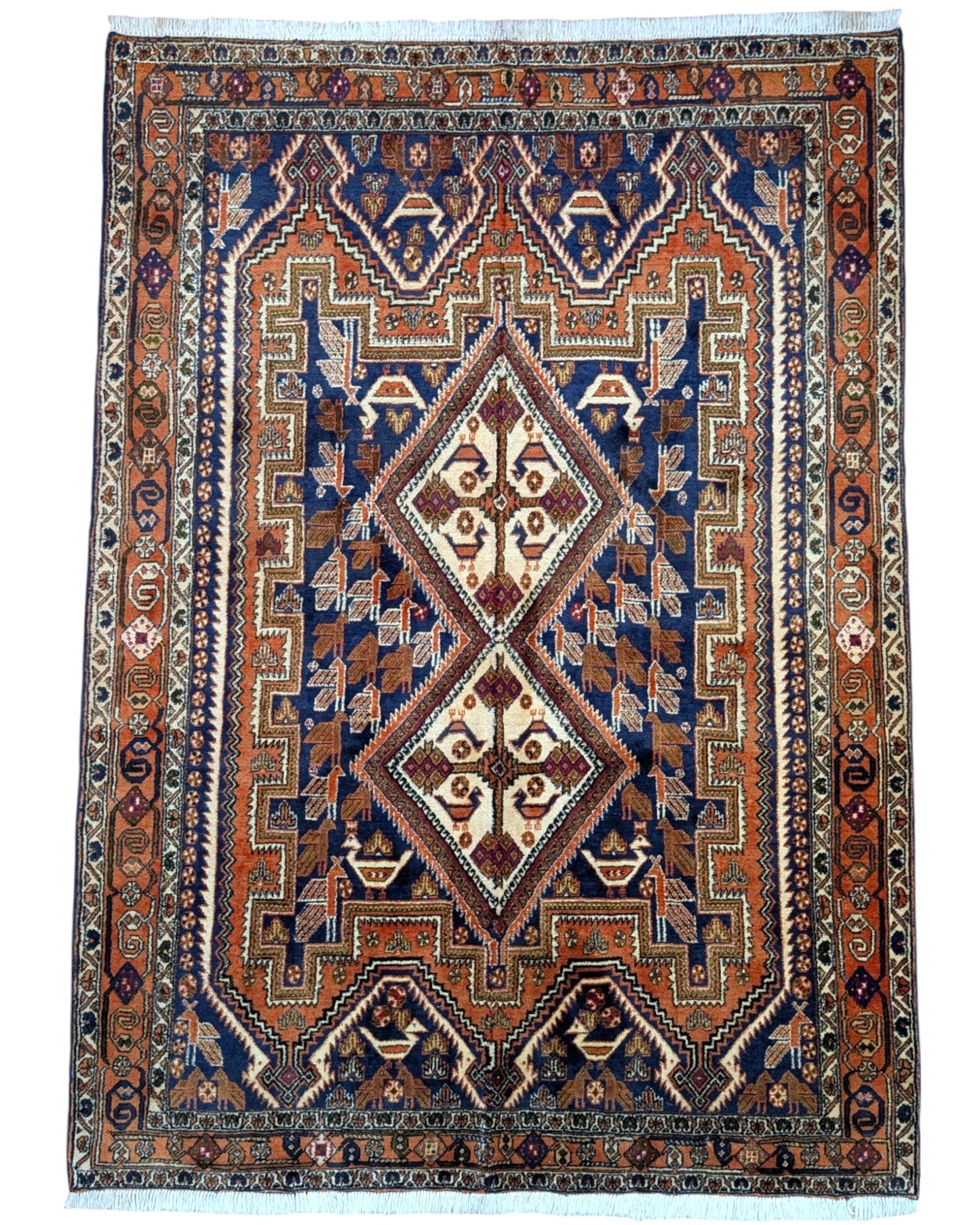 Tappeto Afshar annodato a mano 208 x 150 cm, fondo rosso mattone con disegno geometrico "Castello Antico", artigianato persiano.