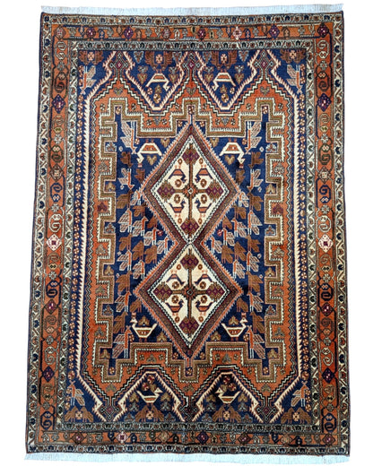 Tappeto Afshar annodato a mano 208 x 150 cm, fondo rosso mattone con disegno geometrico "Castello Antico", artigianato persiano.