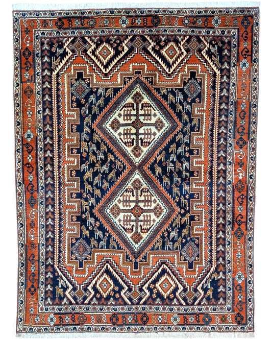 Tappeto Afshar annodato a mano, 200 x 150 cm, fondo mattone con motivo geometrico a forma di castello antico.