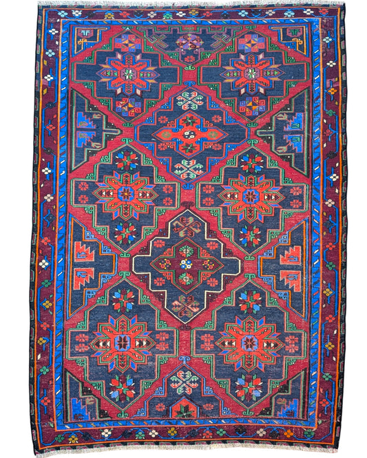 Tappeto Kilim Sumakh annodato a mano, 222 x 160 cm, motivo geometrico con tonalità blu e rosso, artigianato tradizionale turco.