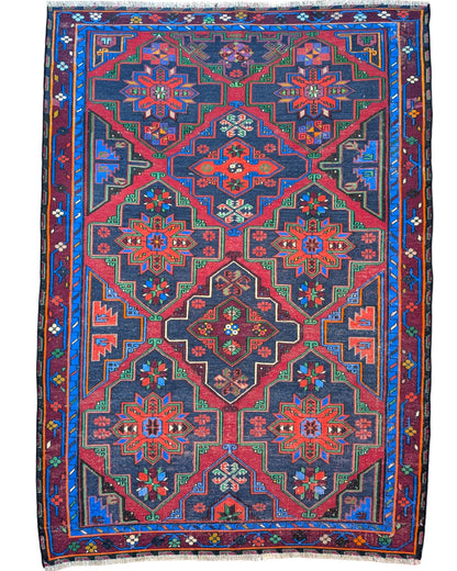 
Tappeto Kilim Sumakh annodato a mano, 222 x 160 cm, motivo geometrico con tonalità blu e rosso, artigianato tradizionale turco.