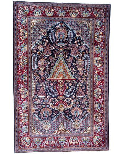 Tappeto Saruk annodato a mano, 225 x 145 cm, fondo blu, Albero della Vita decorativo, artigianato persiano tradizionale.