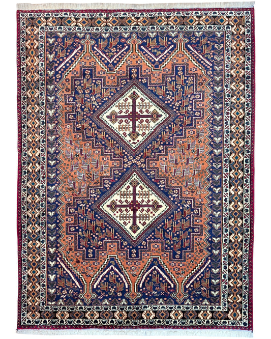 Tappeto Afshar annodato a mano 208 x 150 cm, fondo rosso mattone con disegno geometrico "Castello Antico", artigianato persiano