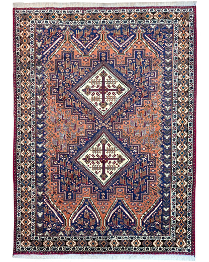 
Tappeto Afshar annodato a mano 208 x 150 cm, fondo rosso mattone con disegno geometrico "Castello Antico", artigianato persiano