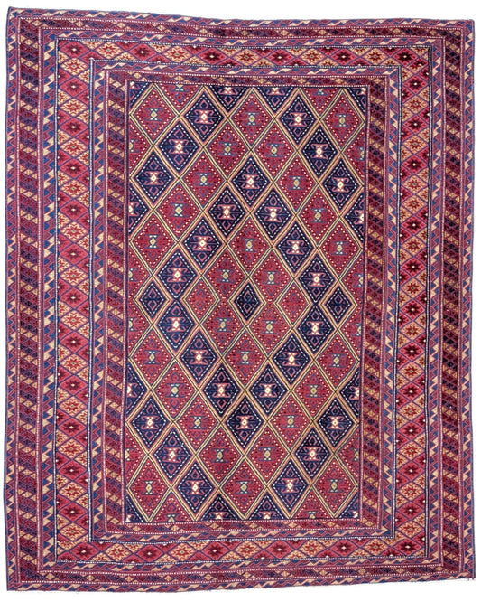 Tappeto Kilim Sumakh annodato a mano, 198 x 151 cm, fondo rosso antico, motivi geometrici, artigianato tradizionale persiano.