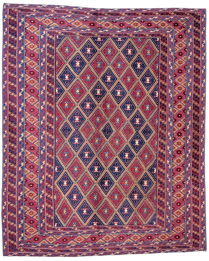 Tappeto Kilim Sumakh annodato a mano, 198 x 151 cm, fondo rosso antico, motivi geometrici, artigianato tradizionale persiano.