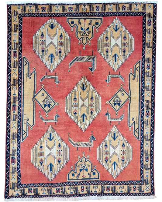 Tappeto Afshar annodato a mano, 225 x 142 cm, fondo arancione vibrante, motivi geometrici, artigianato tradizionale persiano.