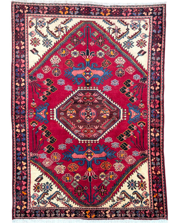 
Tappeto Hamedan annodato a mano, 220 x 155 cm, fondo rosso melograno con motivi geometrici persiani.