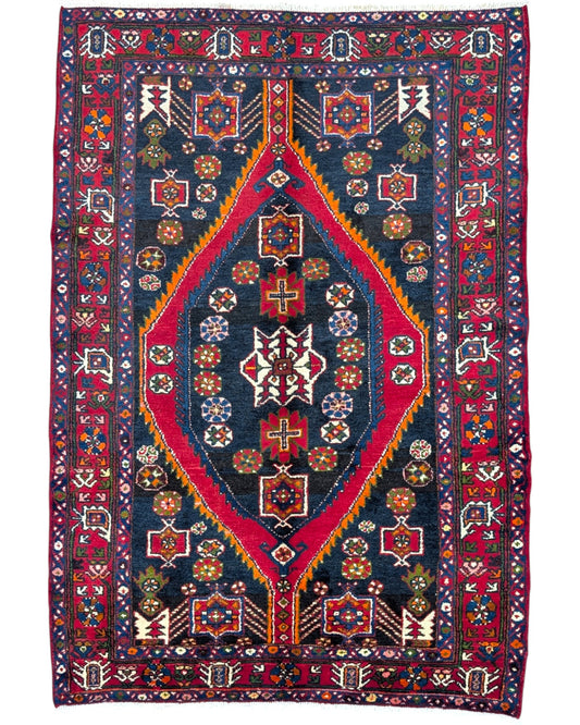 
Tappeto Hamedan annodato a mano, 202 x 140 cm, fondo blu con motivi geometrici tradizionali.