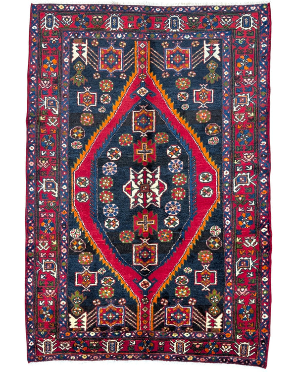 
Tappeto Hamedan annodato a mano, 202 x 140 cm, fondo blu con motivi geometrici tradizionali.