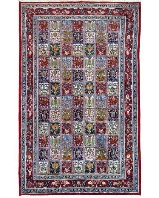 Tappeto Kashan annodato a mano, 230 x 143 cm, motivi decorativi con varietà cromatiche.