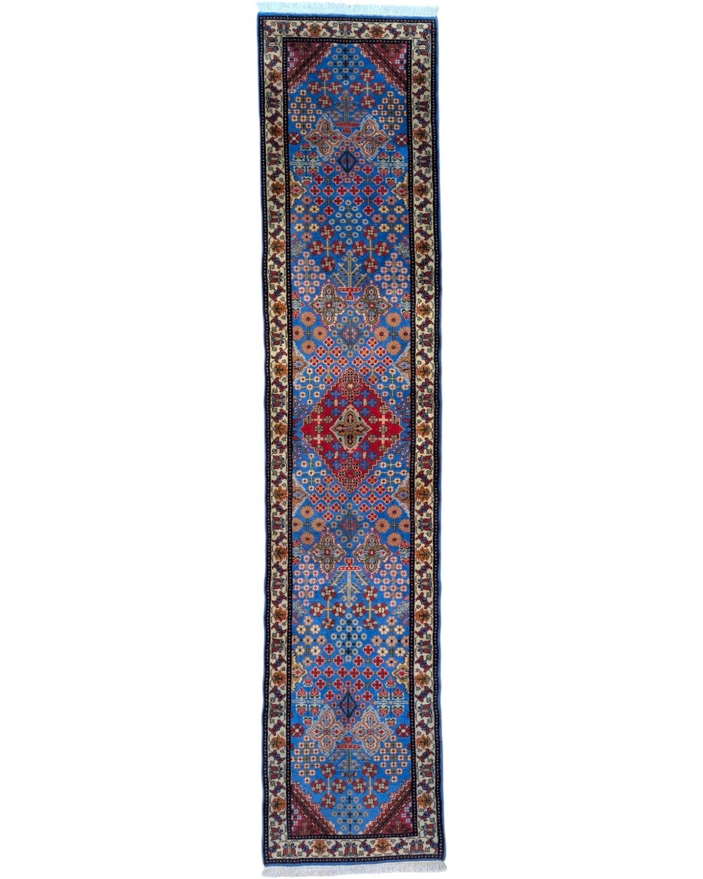 Passatoia Rudbar persiana, fondo blu con disegno geometrico, annodato a mano, 352x74 cm.