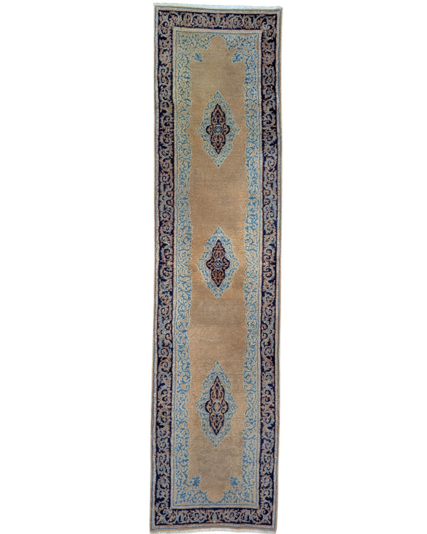 Passatoia Kerman persiana, fondo beige con motivi geometrici, annodato a mano, 297x74 cm.