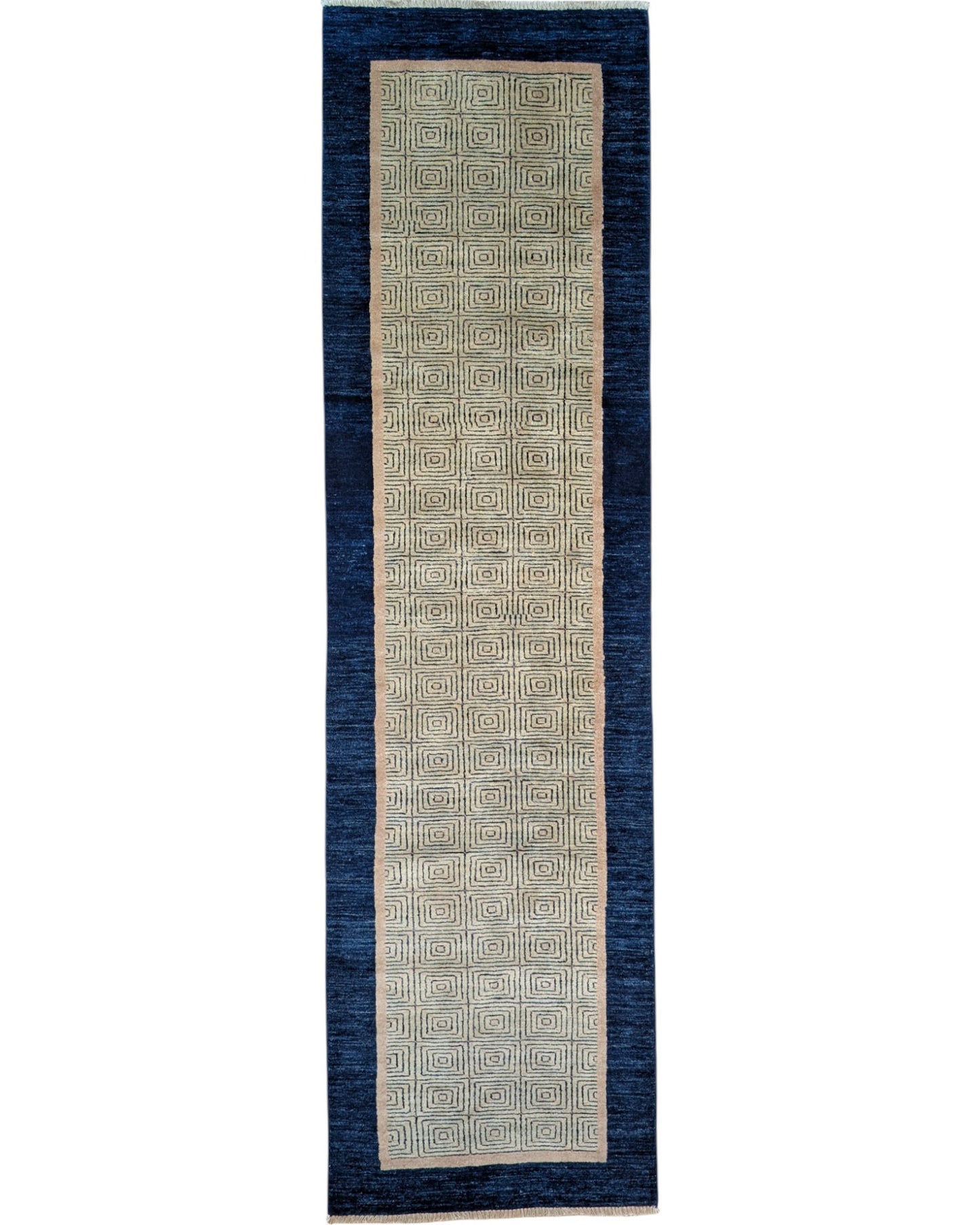 Tappeto moderno 232x81 cm annodato a mano in Persia, lana pregiata e colori vegetali, design minimal beige e blu.
