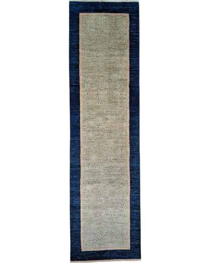 Tappeto moderno 232x81 cm annodato a mano in Persia, lana pregiata e colori vegetali, design minimal beige e blu.