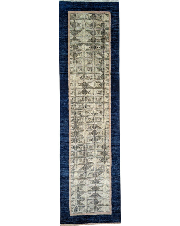 Tappeto moderno 232x81 cm annodato a mano in Persia, lana pregiata e colori vegetali, design minimal beige e blu.