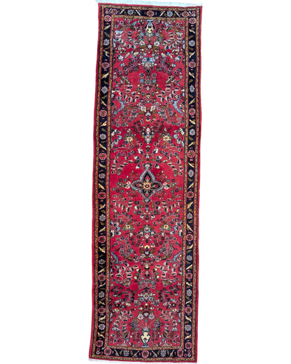 Passatoia Lilian persiana, rosso antico e blu, annodato a mano, 299x89 cm.