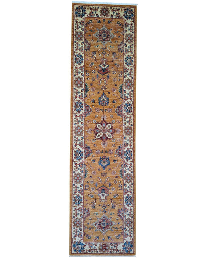 Passatoia Ziegler afgana, oro e beige, annodato a mano, 301x81 cm.