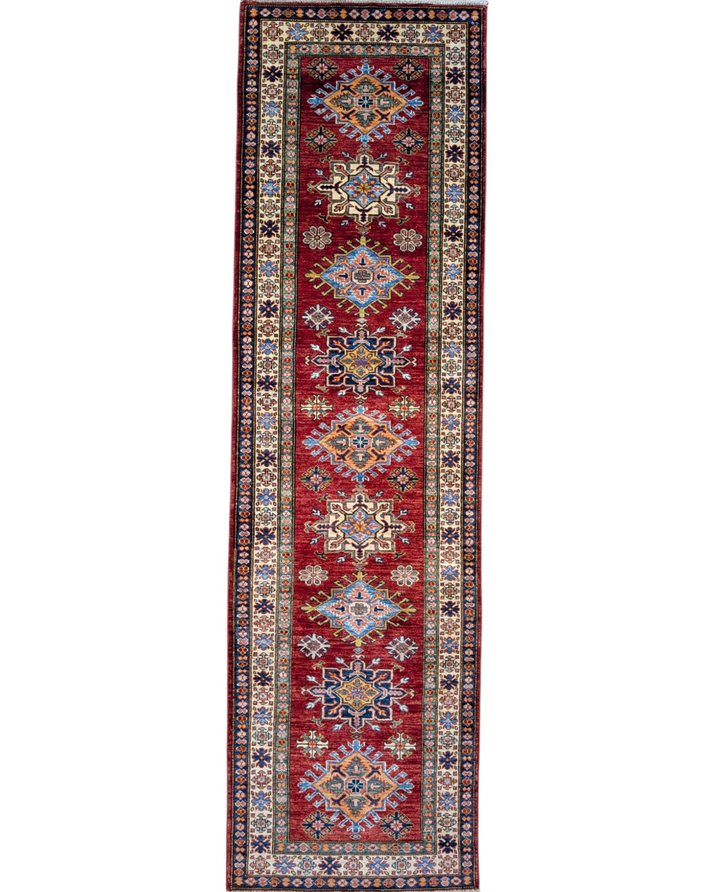 Passatoia Kazak afgana, rosso melograno e beige, annodato a mano, 288x82 cm.