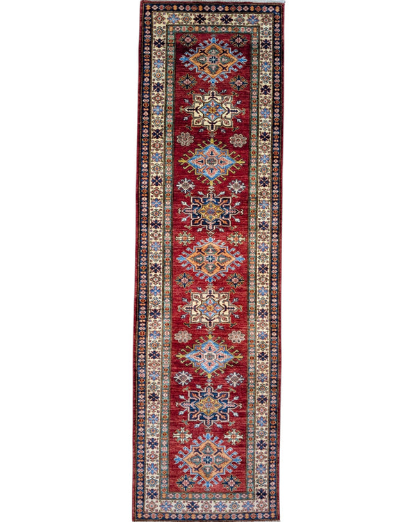 Passatoia Kazak afgana, rosso melograno e beige, annodato a mano, 288x82 cm.