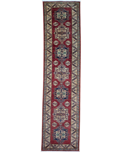 Passatoia Kazak afgana, rosso melograno, annodato a mano, 317x80 cm