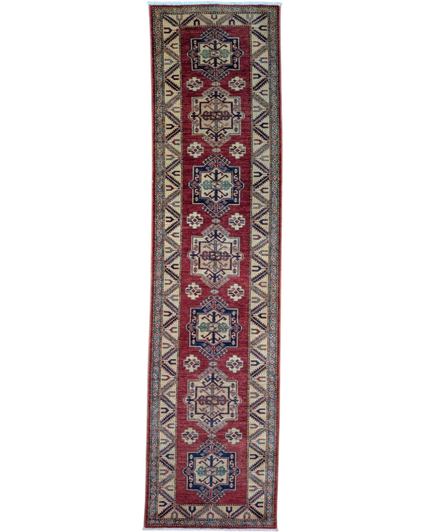 Passatoia Kazak afgana, rosso melograno, annodato a mano, 317x80 cm
