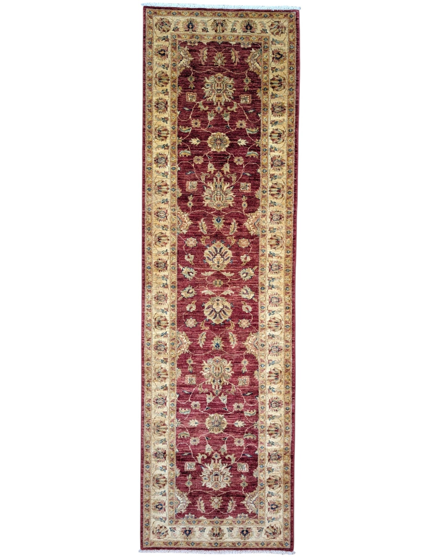 Passatoia Ziegler afgana 301x88 cm annodata a mano in lana, con motivi contemporanei su fondo rosso melograno e un'elegante cornice beige.

