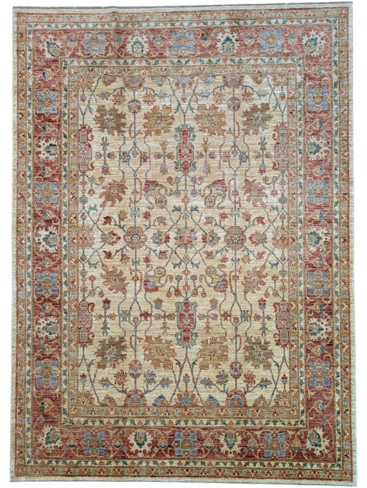 Tappeto Ziegler afgano, annodato a mano, 245 x 178 cm, fondo beige con disegno contemporaneo.