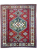 Tappeto Kazak afgano 236x201 cm con fondo rosso, cornice beige e motivi geometrici, annodato a mano in lana e cotone.