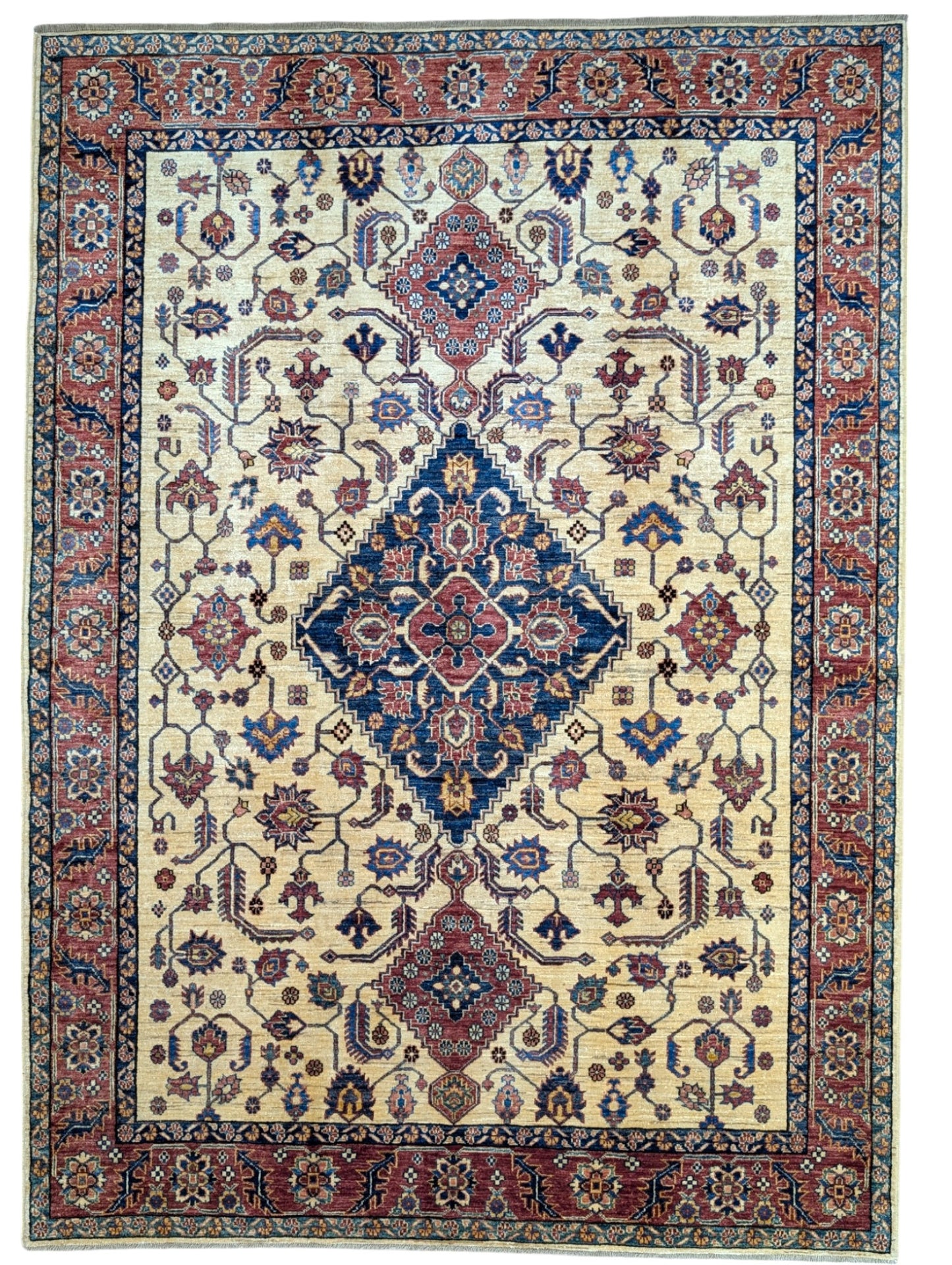 Tappeto Shirvan afgano 253x184 cm con motivi geometrici vari, annodato a mano in lana e cotone.
