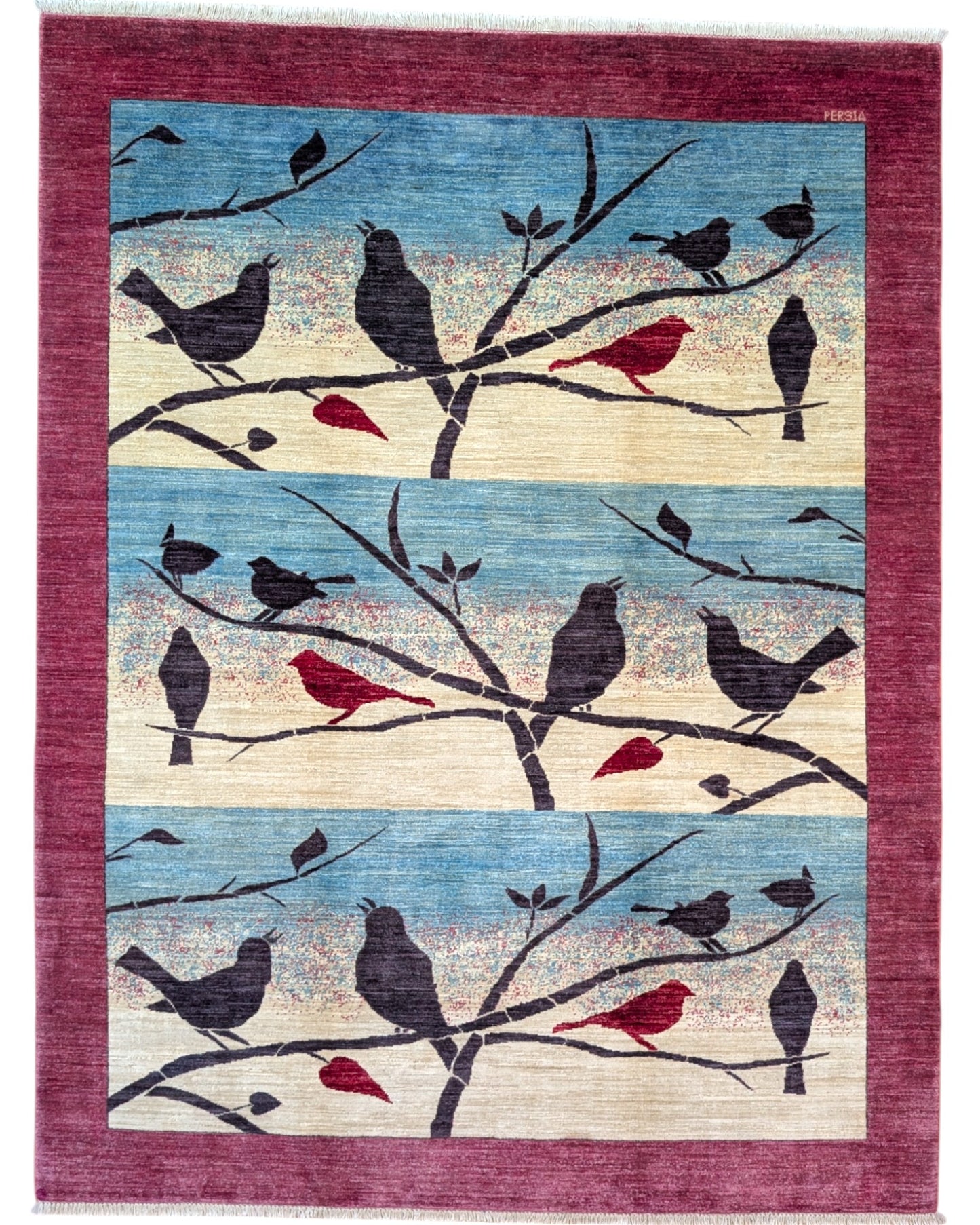 Tappeto Moderno Natura Celeste 262x180 cm beige e celeste, annodato a mano con cotone e lana vegetale in Persia. Certificato di autenticità incluso.