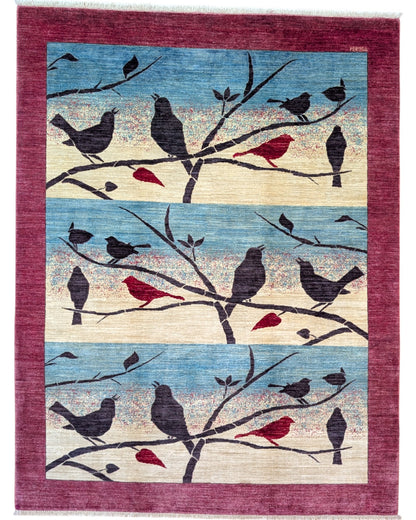 Tappeto Moderno Natura Celeste 262x180 cm beige e celeste, annodato a mano con cotone e lana vegetale in Persia. Certificato di autenticità incluso.