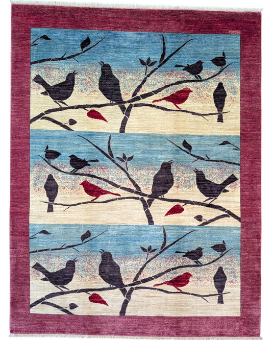 Tappeto Moderno Natura Celeste 262x180 cm beige e celeste, annodato a mano con cotone e lana vegetale in Persia. Certificato di autenticità incluso.