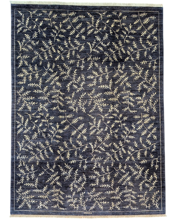 Tappeto moderno 235x172 cm, fondo cenere con disegno decorativo, annodato a mano in Persia con cotone e lana vegetale, certificato di autenticità incluso.