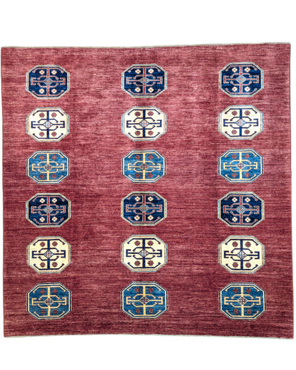 Tappeto Moderno 248x255 cm rosso, con disegno geometrico, annodato a mano in Afghanistan con cotone e lana vegetale, certificato di autenticità incluso.