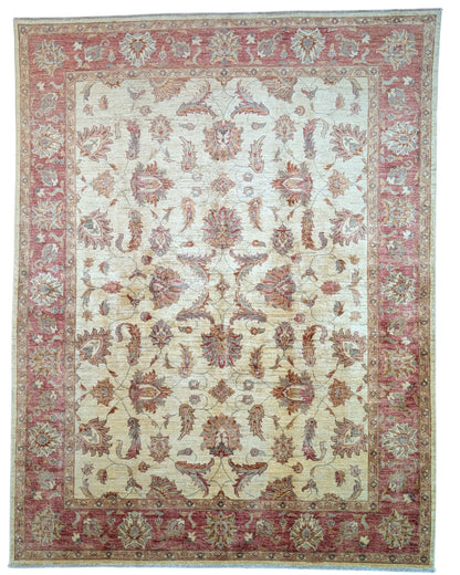 Tappeto Ziegler afgano, fondo beige con cornice rossa e disegno contemporaneo, annodato a mano, 250x194 cm.