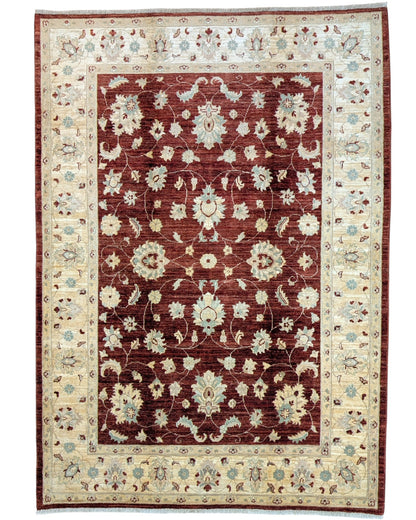 Tappeto Ziegler 240x170 cm, annodato a mano in Afghanistan, fondo rosso melograno con disegno contemporaneo e cornice beige, lana pregiata e cotone resistente, certificato di autenticità incluso.