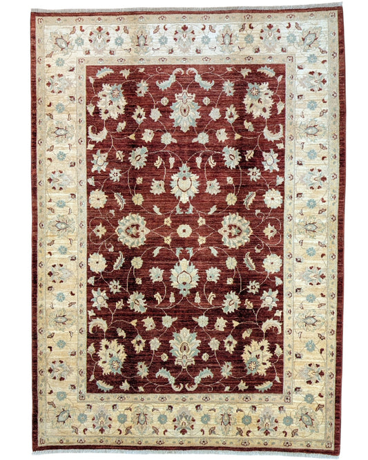 Tappeto Ziegler 240x170 cm, annodato a mano in Afghanistan, fondo rosso melograno con disegno contemporaneo e cornice beige, lana pregiata e cotone resistente, certificato di autenticità incluso.