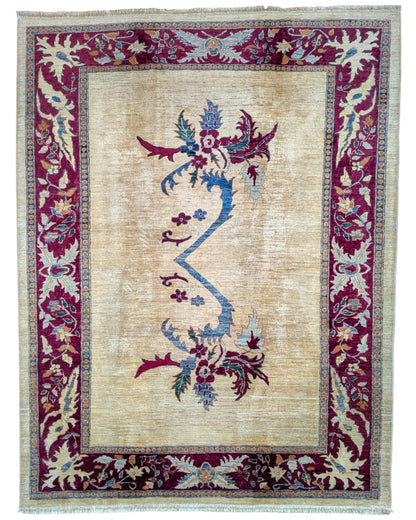 Tappeto Kazak 232x180 cm in beige e rosso, annodato a mano con cotone e lana vegetale in Afghanistan. Certificato di autenticità incluso.