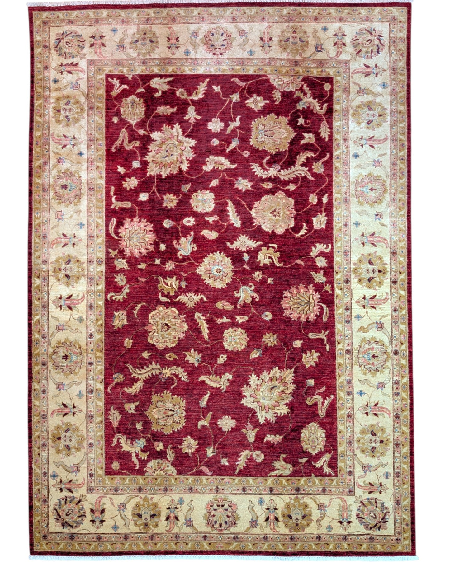 Tappeto Ziegler 302x211 cm con fondo bordeaux, motivi floreali avorio e dettagli oro, tramato ed annodato a mano, provenienza Afghanistan.