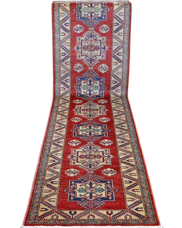 Passatoia Kazak afgana, rosso melograno, annodato a mano, 317x80 cm.
