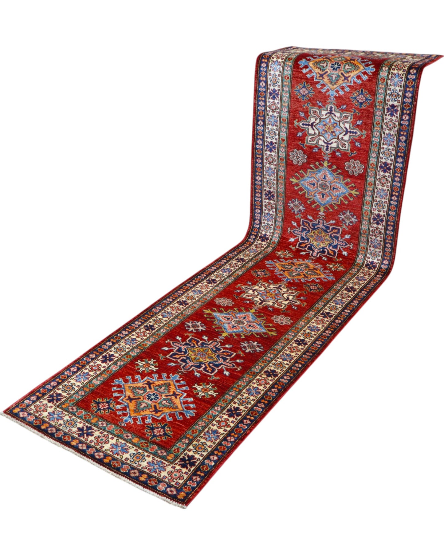 Passatoia Kazak afgana, rosso melograno e beige, annodato a mano, 288x82 cm.