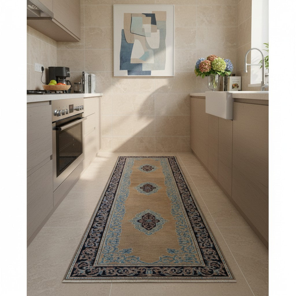 Passatoia Kerman persiana, fondo beige con motivi geometrici, annodato a mano, 297x74 cm.